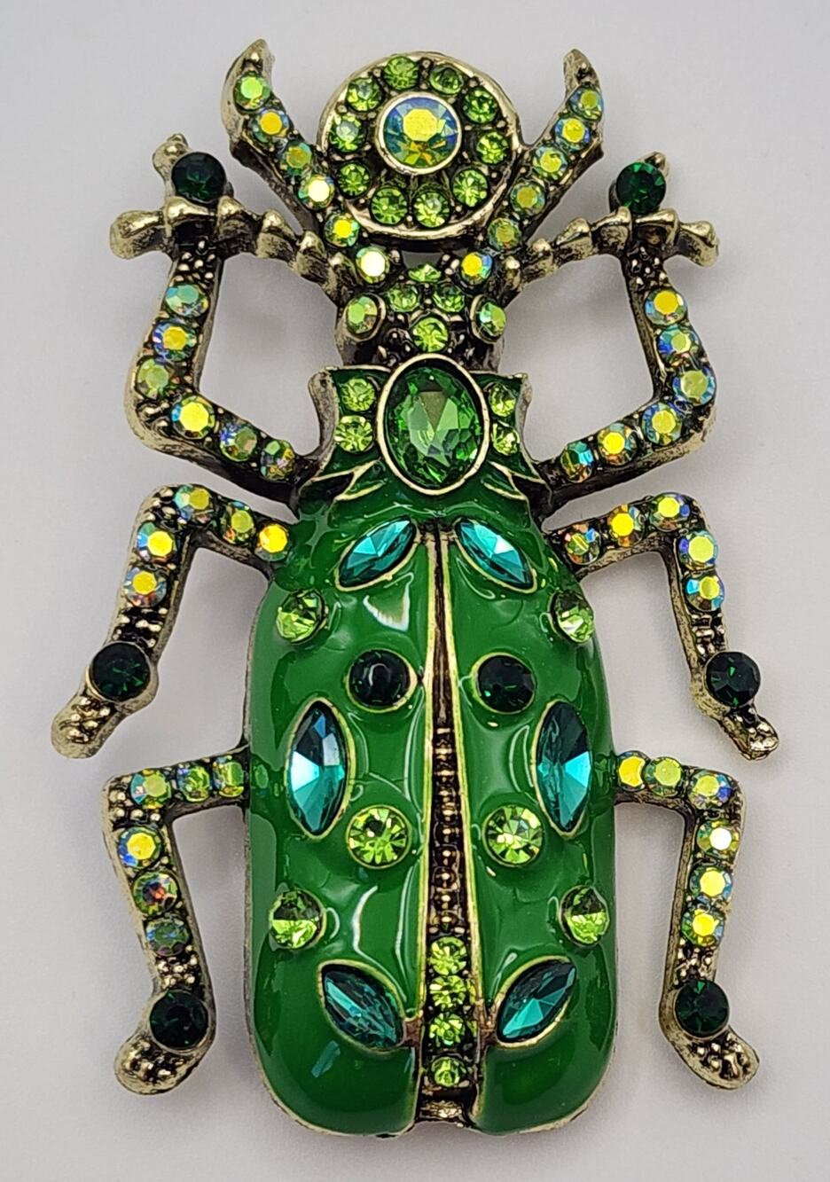 Large Green Beetle Brooch Adorned with Multi Color Faux Jewels & Rhinestones